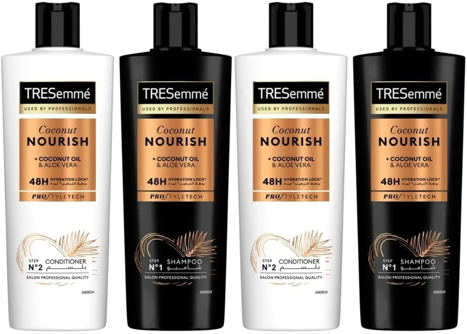 This image shows TRESemmé Botanique Nourish & Replenish shampoo and conditioner set formulated with coconut milk and aloe vera to gently cleanse, smooth, and nourish hair.