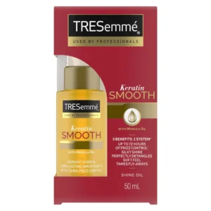 Tresemmé Keratin Smooth Hair Oil with marula oil, offering 5 benefits in 1 system to fight frizz, detangle knots, boost shine, add softness and tame flyaways for silky, smooth hair.