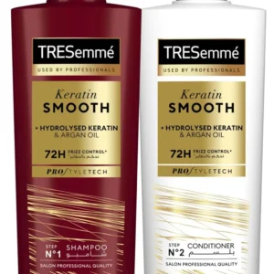 TRESemmé Keratin Smooth shampoo and conditioner set for up to 72 hours of frizz control, shine, and smooth, manageable hair.