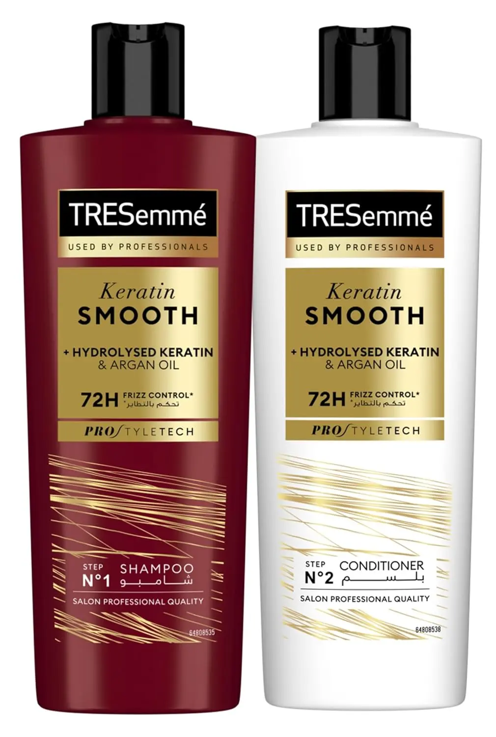 TRESemmé Keratin Smooth shampoo and conditioner set for up to 72 hours of frizz control, shine, and smooth, manageable hair.