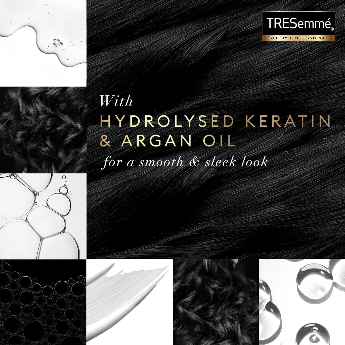 TRESemmé Keratin Smooth shampoo and conditioner set for up to 72 hours of frizz control, shine, and smooth, manageable hair.