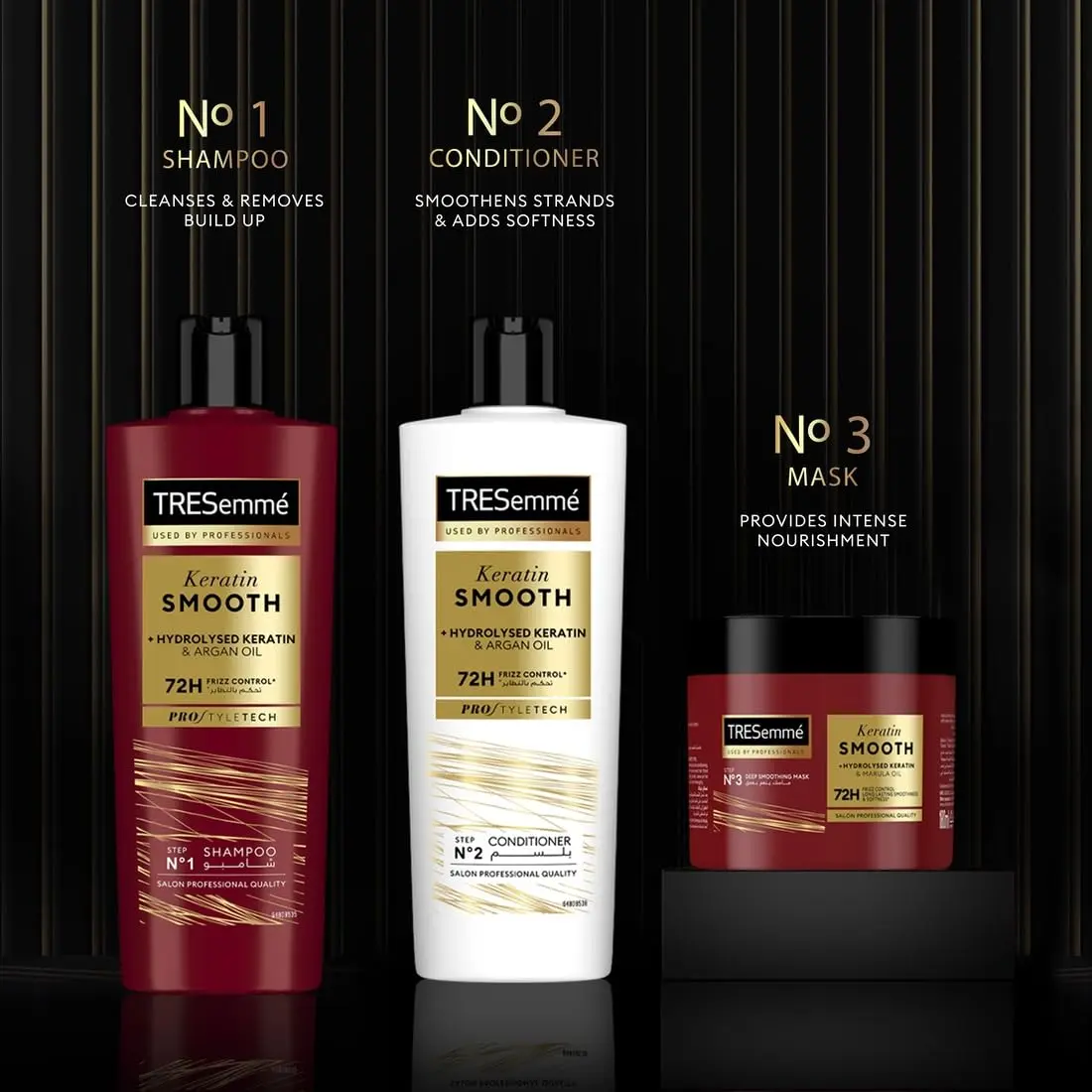 TRESemmé Keratin Smooth shampoo and conditioner set for up to 72 hours of frizz control, shine, and smooth, manageable hair.