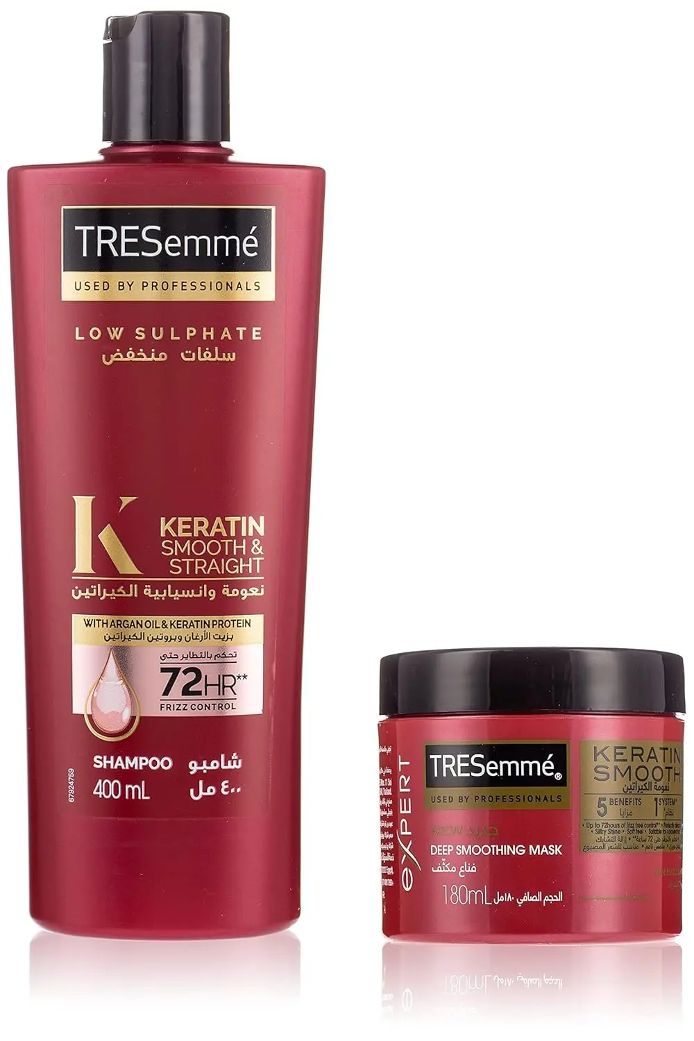 TRESemmé Keratin Smooth shampoo and conditioner set for up to 72 hours of frizz control, shine, and smooth, manageable hair.