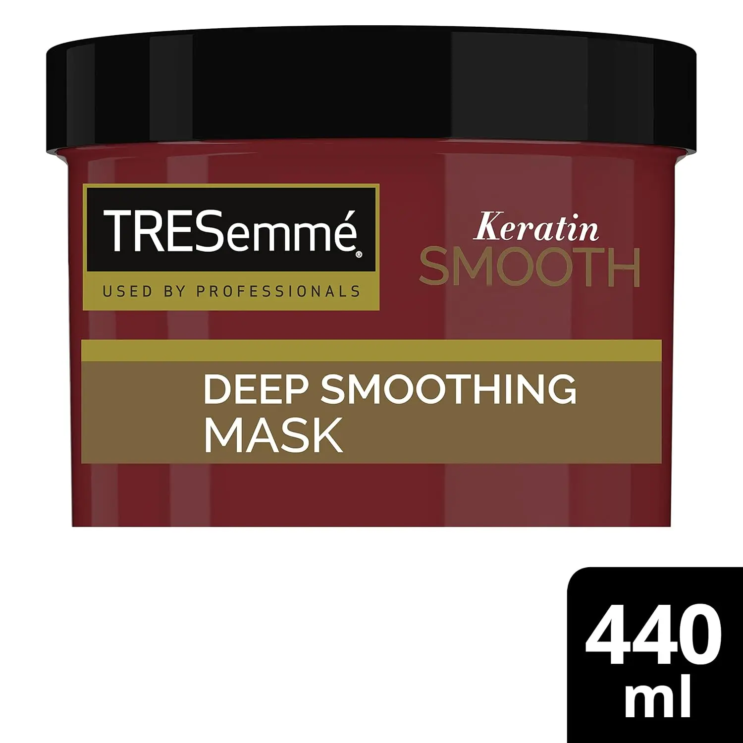 A jar of TRESemmé Keratin Smooth Deep Smoothing Mask promising soft, shiny, and frizz-free hair with keratin and marula oil.