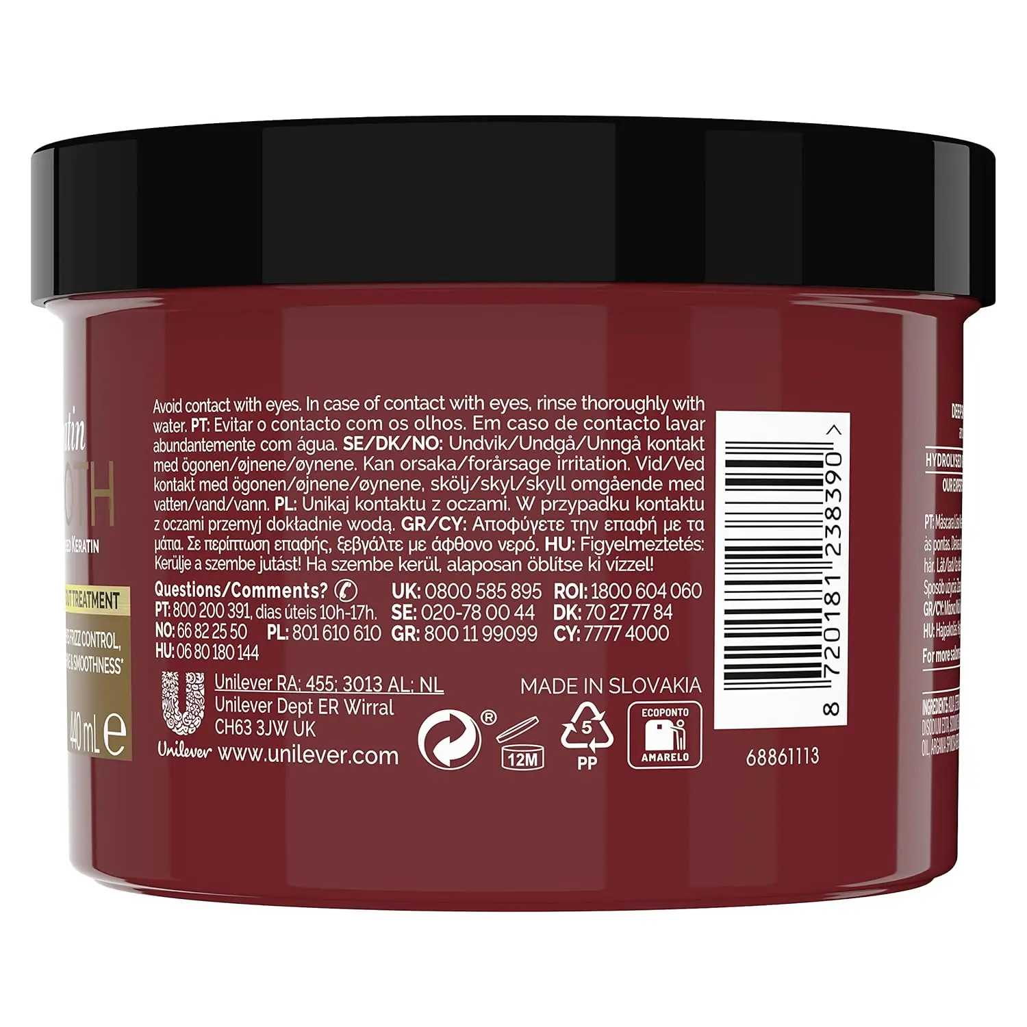 A jar of TRESemmé Keratin Smooth Deep Smoothing Mask promising soft, shiny, and frizz-free hair with keratin and marula oil.