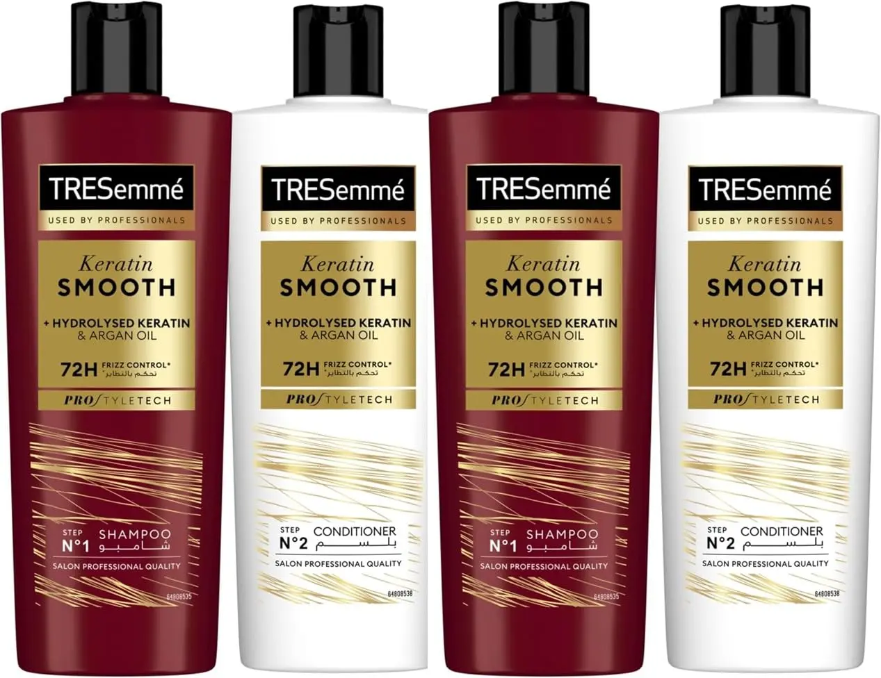 This set includes two bottles of TRESemme Keratin Smooth Shampoo and two bottles of Keratin Smooth Conditioner with Argan oil, offering up to 72 hours of frizz control for sleek, shiny, and manageable hair with natural movement.