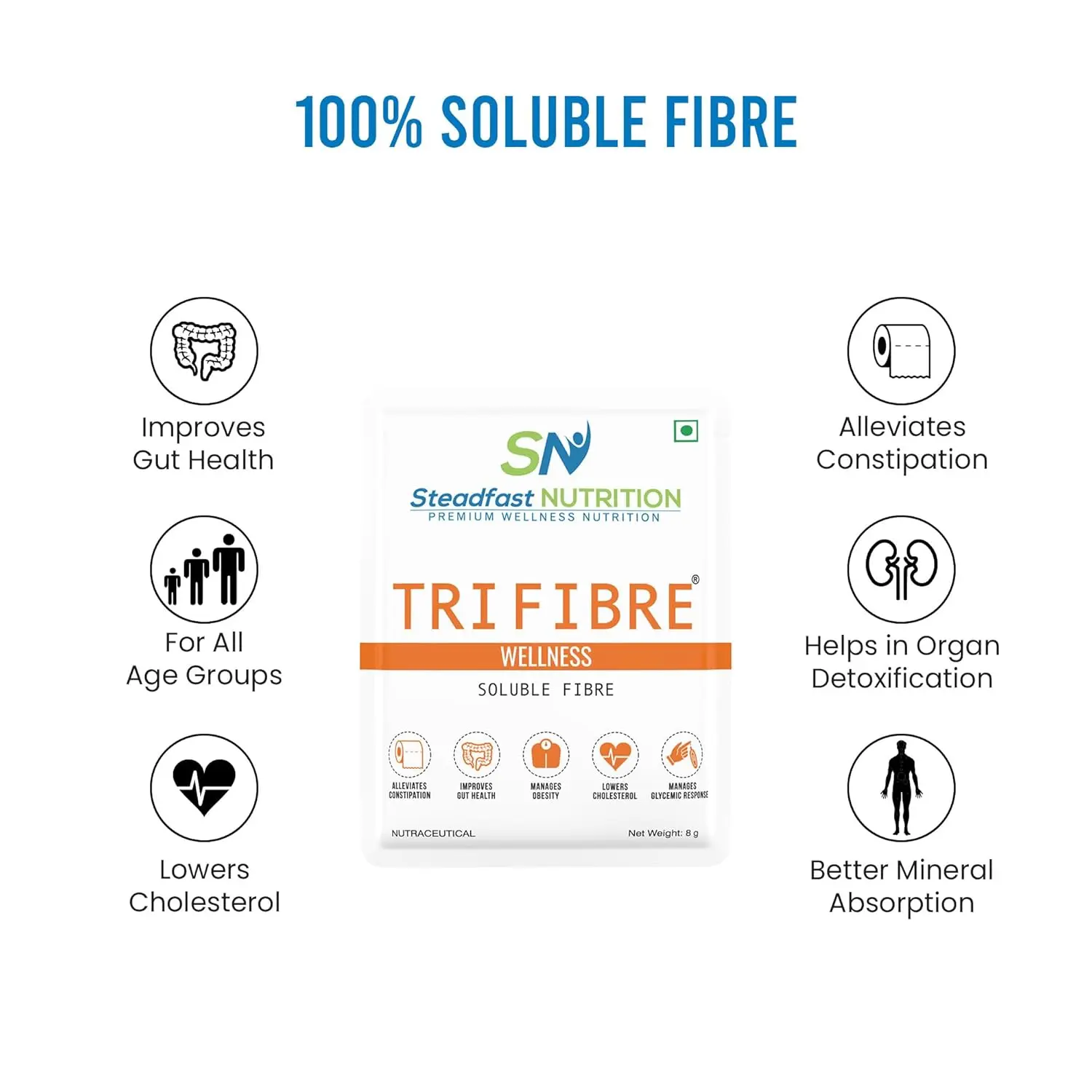 Steadfast Nutrition Tri Fibre supplement powder promotes gut health, manages obesity and lowers cholesterol, thanks to its soluble fibre blend.