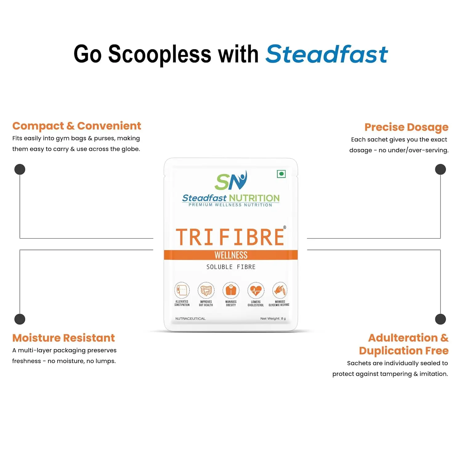 Steadfast Nutrition Tri Fibre supplement powder promotes gut health, manages obesity and lowers cholesterol, thanks to its soluble fibre blend.