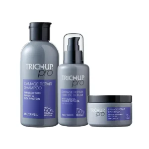 Trichup Pro damage repair hair care kit, including shampoo, hair oil serum, and hair mask, for instant smoothing, improved texture, and manageability of dry, frizzy hair.