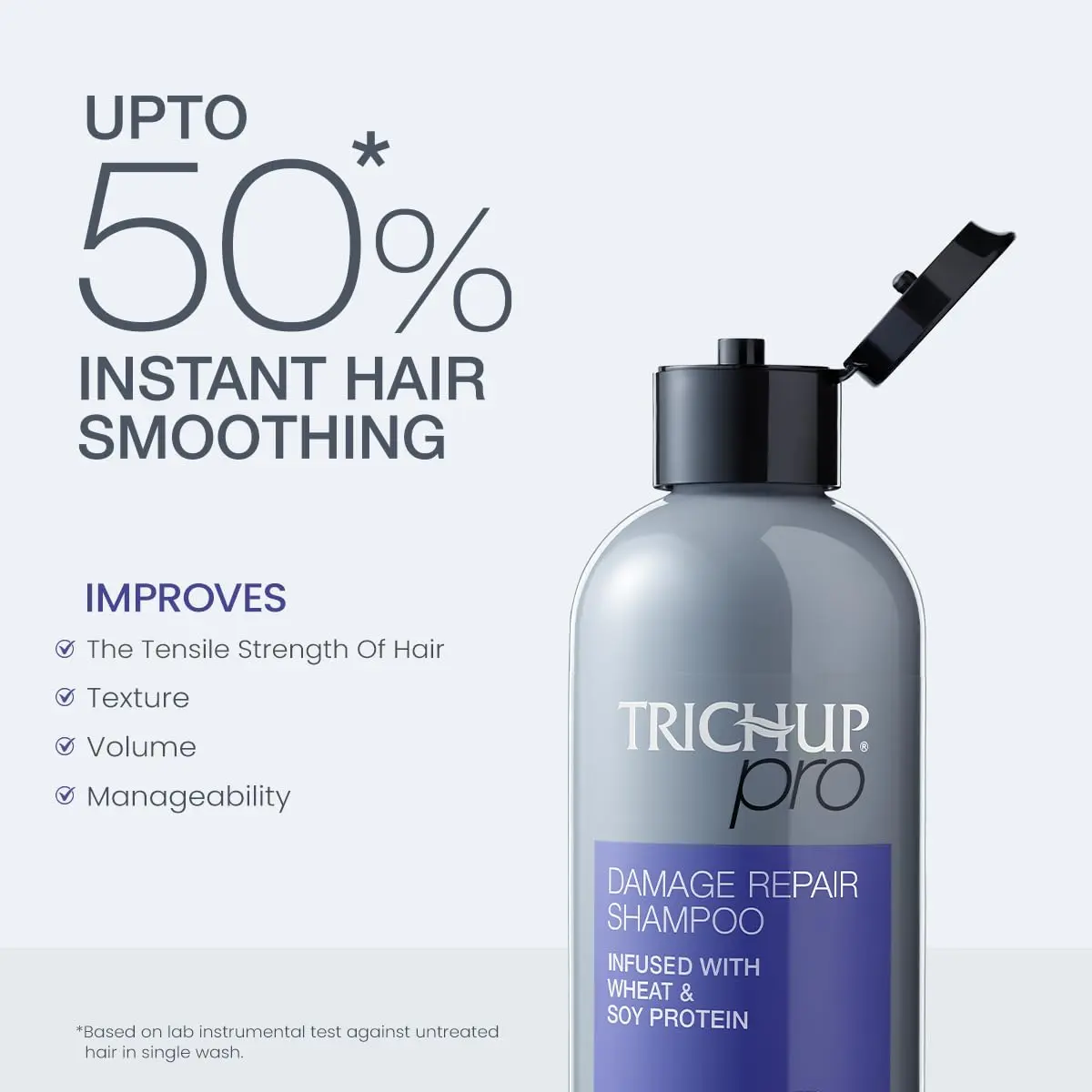 Trichup Pro damage repair hair care kit, including shampoo, hair oil serum, and hair mask, for instant smoothing, improved texture, and manageability of dry, frizzy hair.