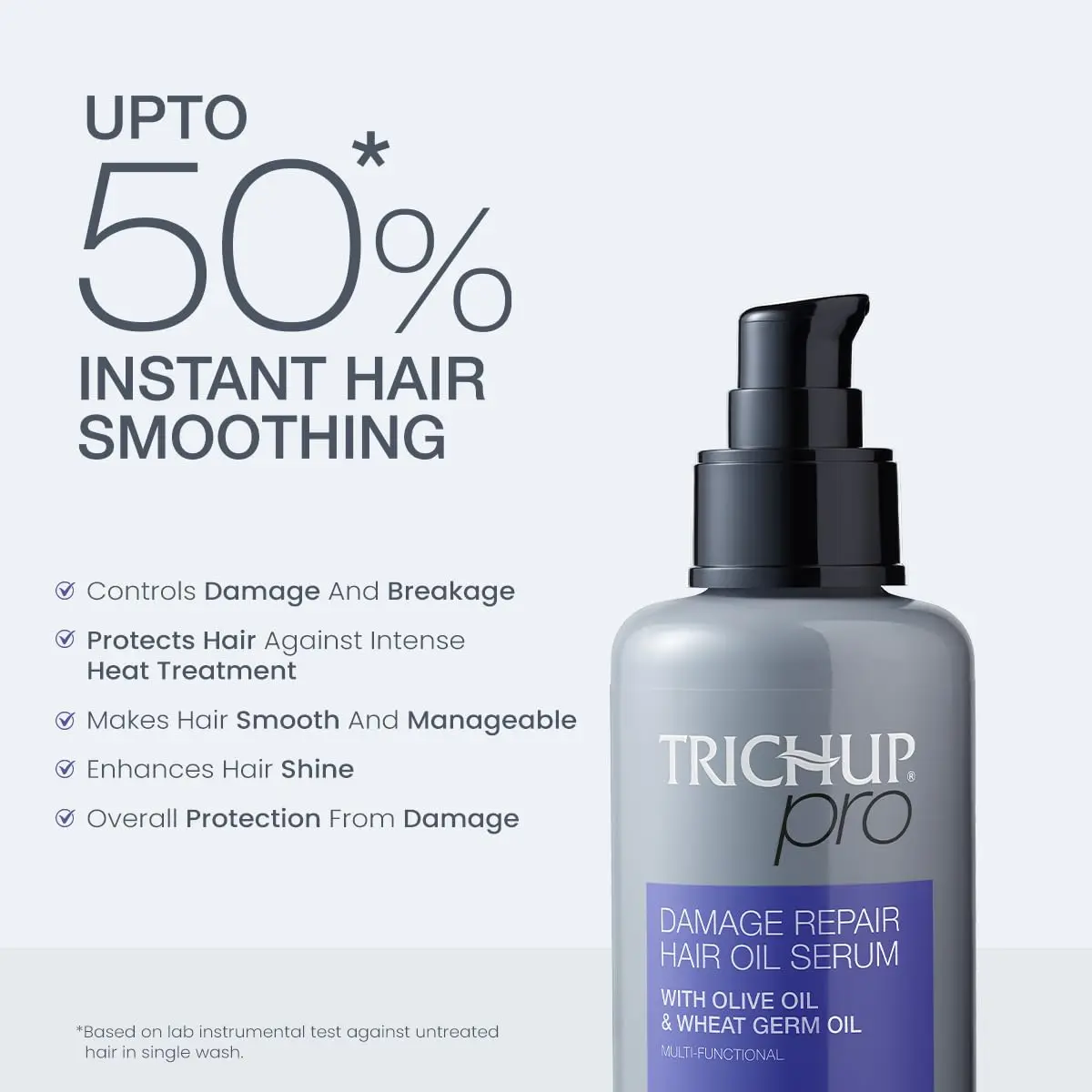 Trichup Pro damage repair hair care kit, including shampoo, hair oil serum, and hair mask, for instant smoothing, improved texture, and manageability of dry, frizzy hair.
