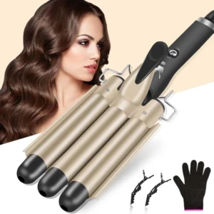 Create beautiful waves and curls with this triple barrel curling iron, a ceramic, anti-static, and anti-scald hair styler perfect for achieving salon-quality results at home or while traveling.