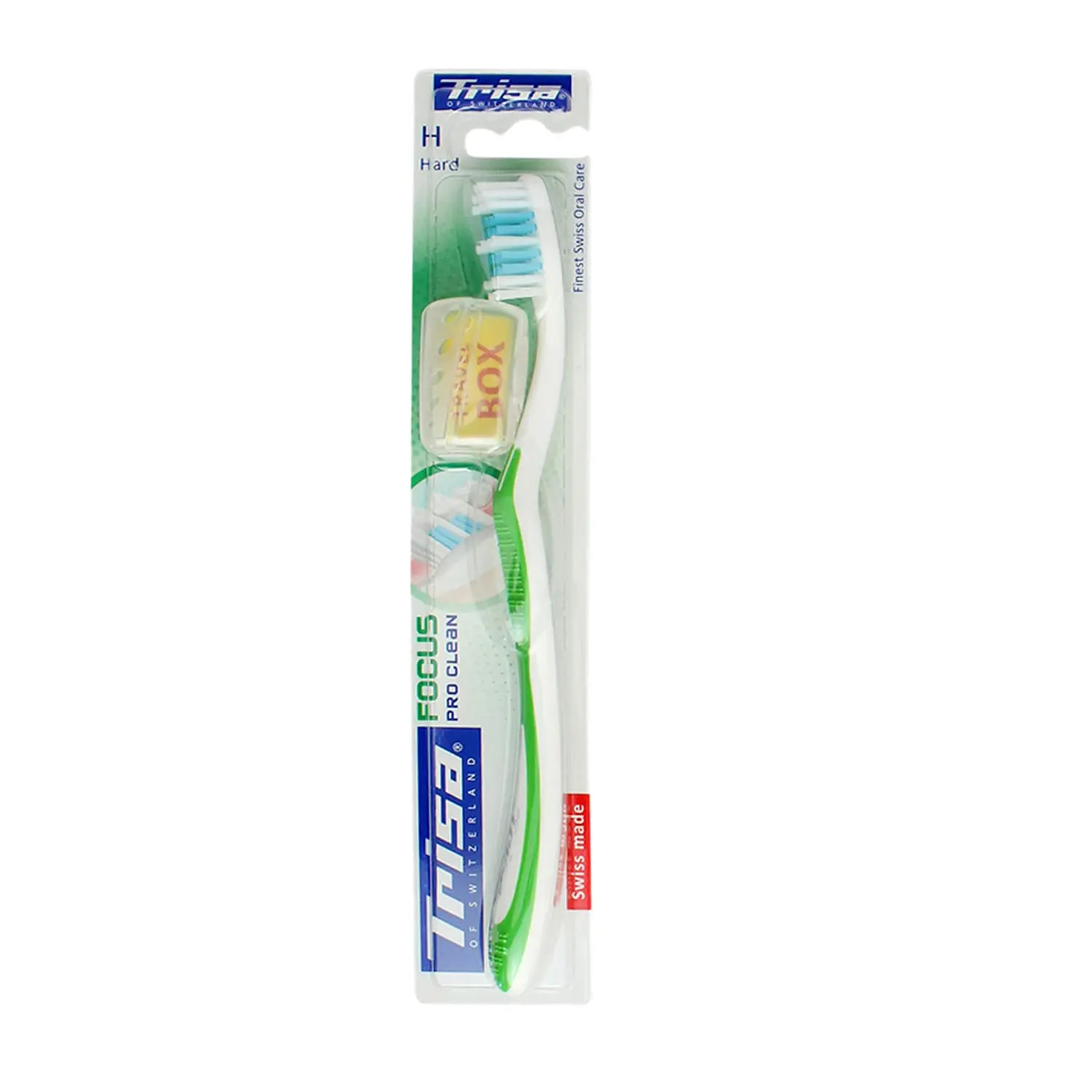 Trisa Focus Pro Clean hard toothbrush with long bristles for gentle yet effective cleaning and a non-slip handle, promoting healthy gums and a whiter smile.