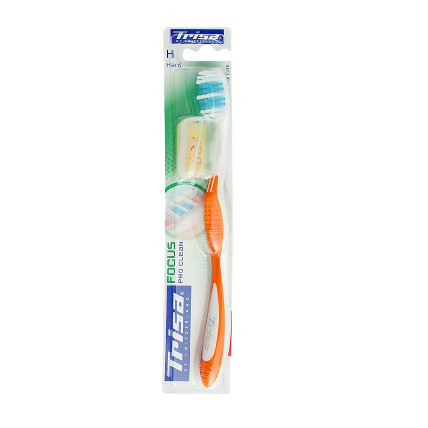 Trisa Focus Pro Clean hard toothbrush with long bristles for gentle yet effective cleaning and a non-slip handle, promoting healthy gums and a whiter smile.