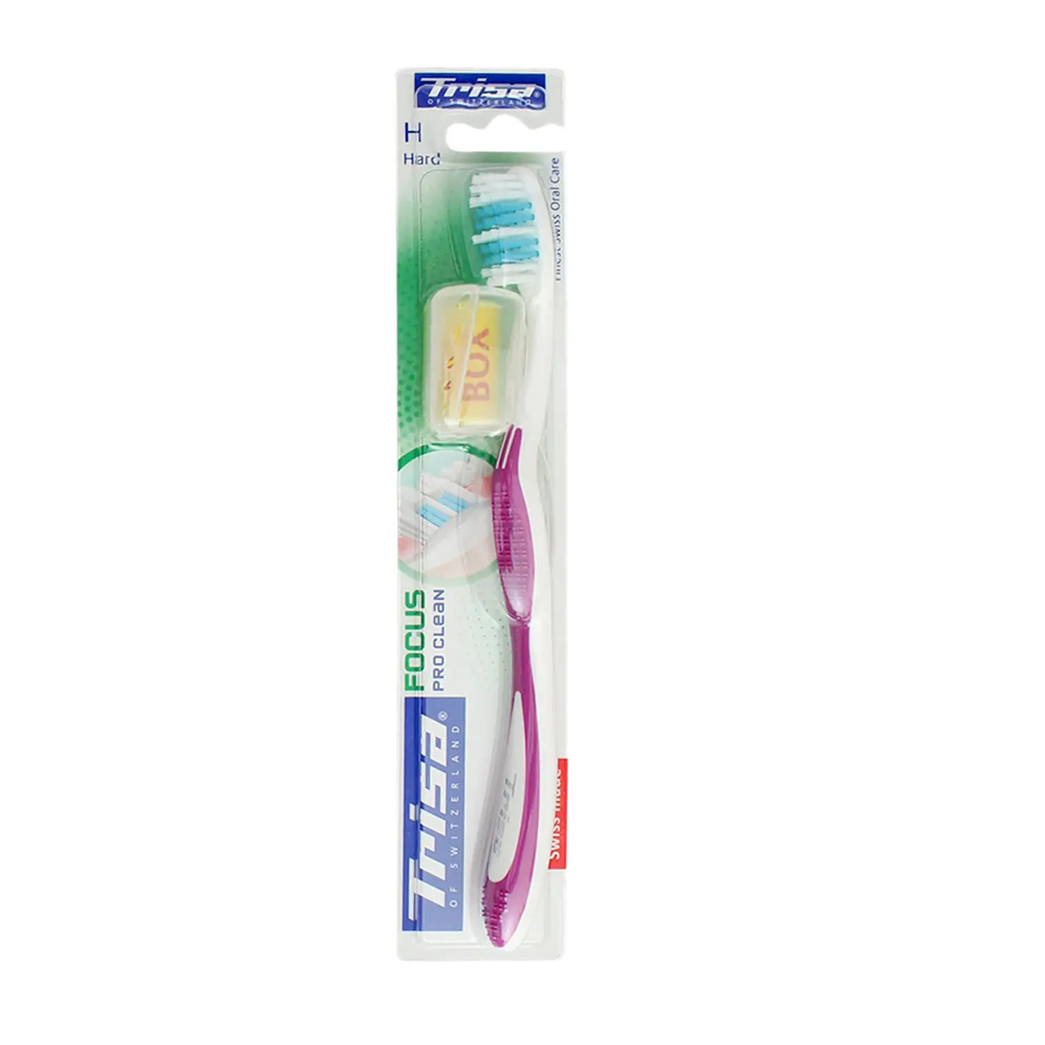 Trisa Focus Pro Clean hard toothbrush with long bristles for gentle yet effective cleaning and a non-slip handle, promoting healthy gums and a whiter smile.