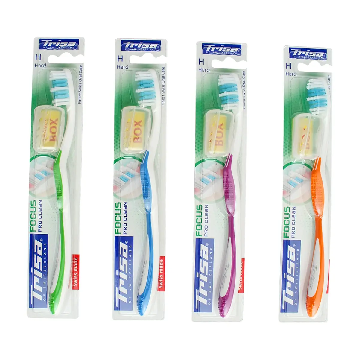 Trisa Focus Pro Clean hard toothbrush with long bristles for gentle yet effective cleaning and a non-slip handle, promoting healthy gums and a whiter smile.