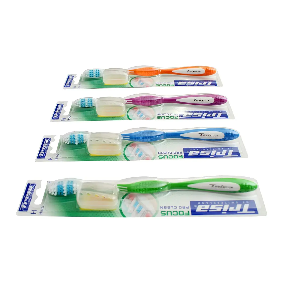 Trisa Focus Pro Clean hard toothbrush with long bristles for gentle yet effective cleaning and a non-slip handle, promoting healthy gums and a whiter smile.