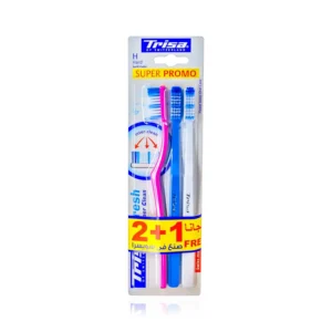 This image shows a 3-pack of Trisa Fresh Super Clean toothbrushes featuring dual-length bristles for cleaning between teeth and perfectly rounded filaments for gentle gum and enamel care, promoting fresh breath and overall oral hygiene.