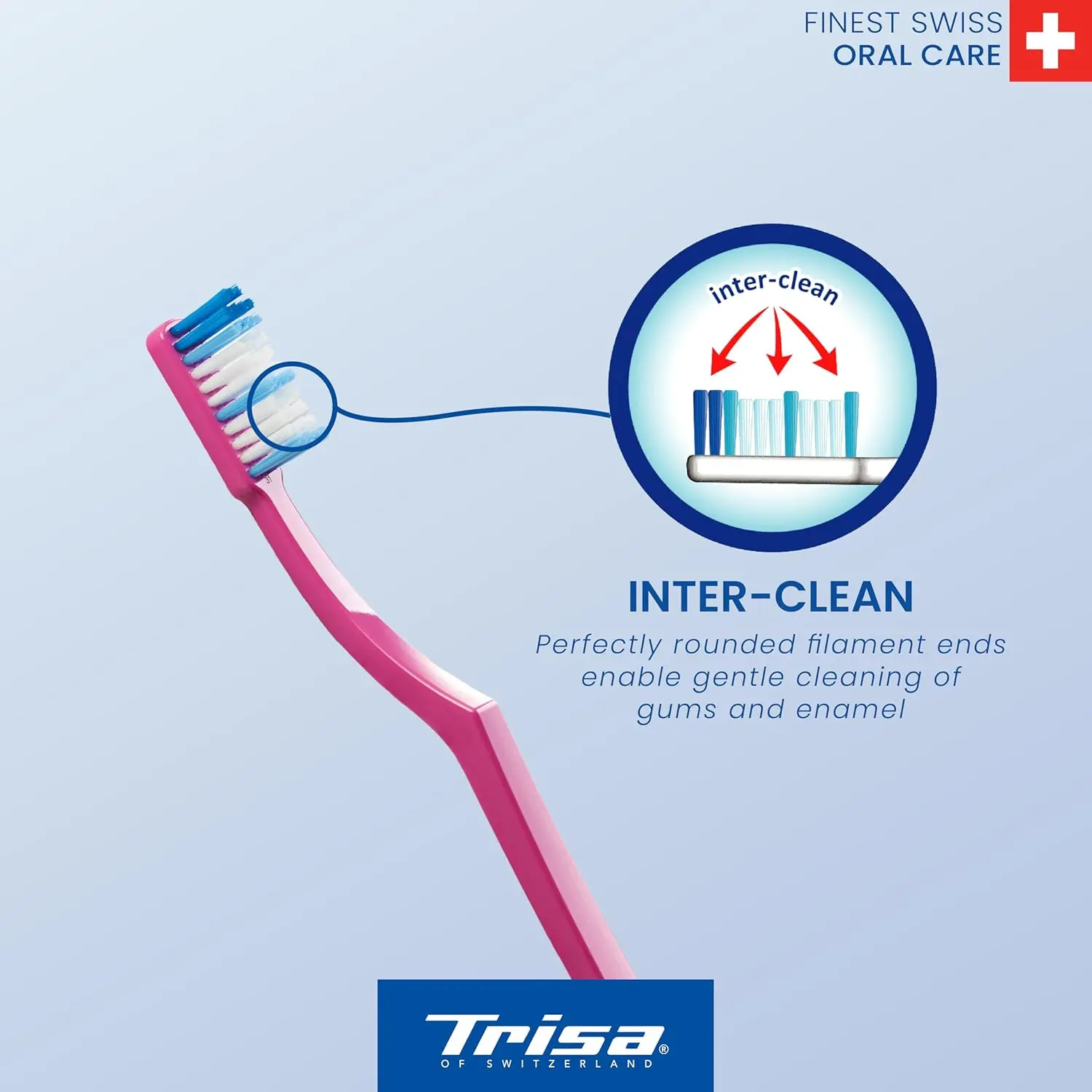 This image shows a 3-pack of Trisa Fresh Super Clean toothbrushes featuring dual-length bristles for cleaning between teeth and perfectly rounded filaments for gentle gum and enamel care, promoting fresh breath and overall oral hygiene.