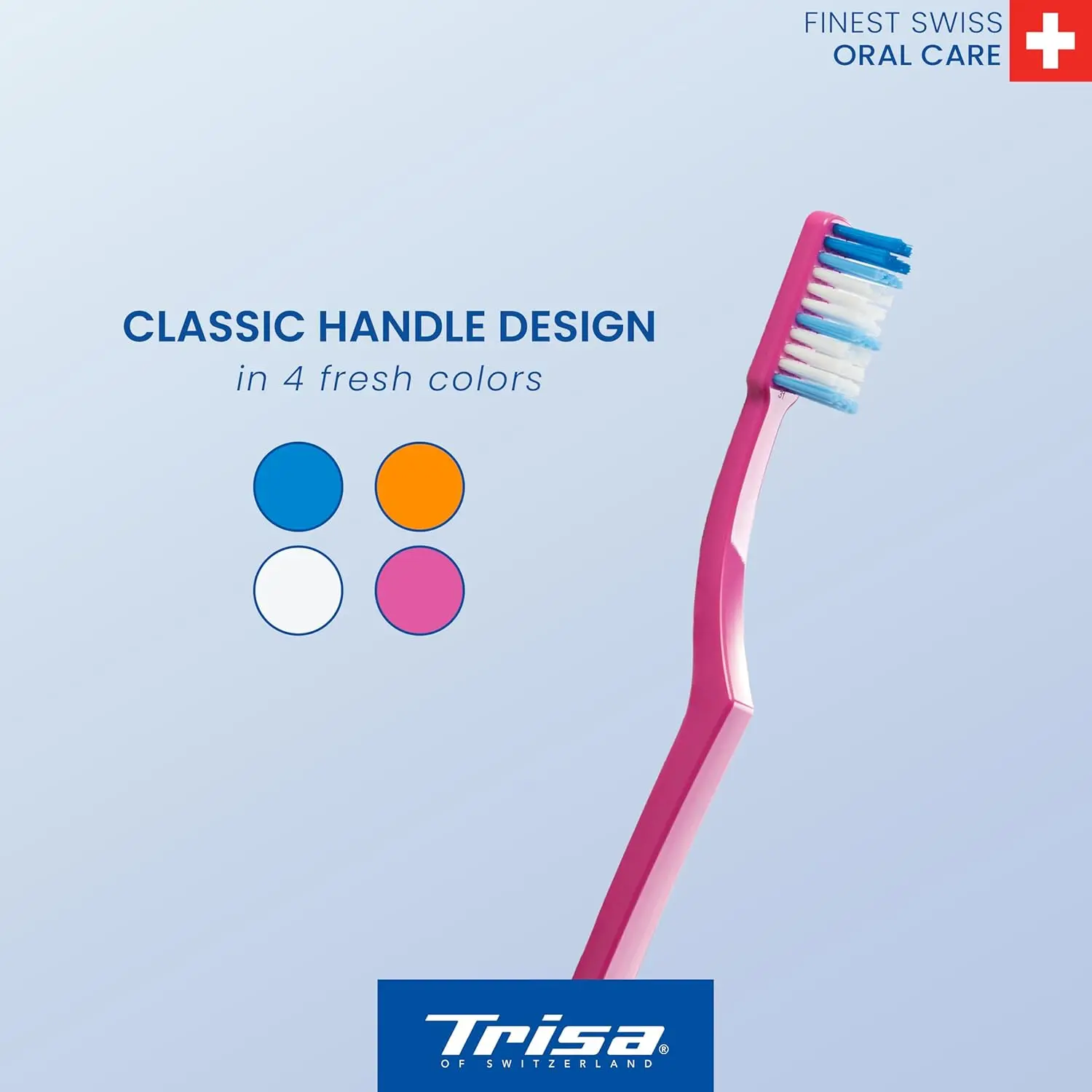 This image shows a 3-pack of Trisa Fresh Super Clean toothbrushes featuring dual-length bristles for cleaning between teeth and perfectly rounded filaments for gentle gum and enamel care, promoting fresh breath and overall oral hygiene.