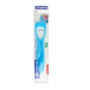 A colorful Trisa kids tongue cleaner designed for comfortably and effectively removing bacteria and residue for long-lasting fresh breath.
