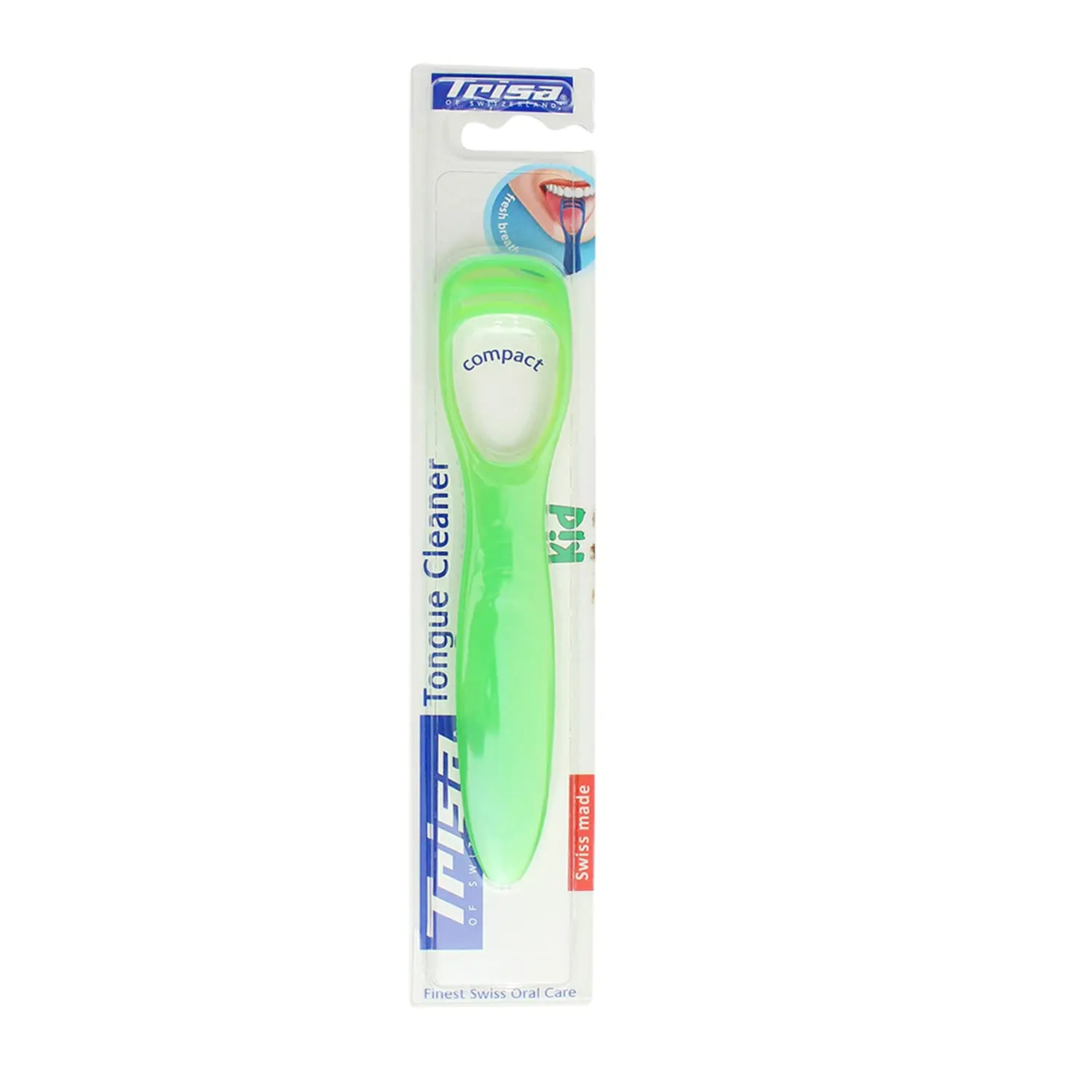 A colorful Trisa kids tongue cleaner designed for comfortably and effectively removing bacteria and residue for long-lasting fresh breath.