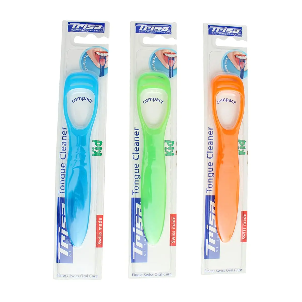 A colorful Trisa kids tongue cleaner designed for comfortably and effectively removing bacteria and residue for long-lasting fresh breath.