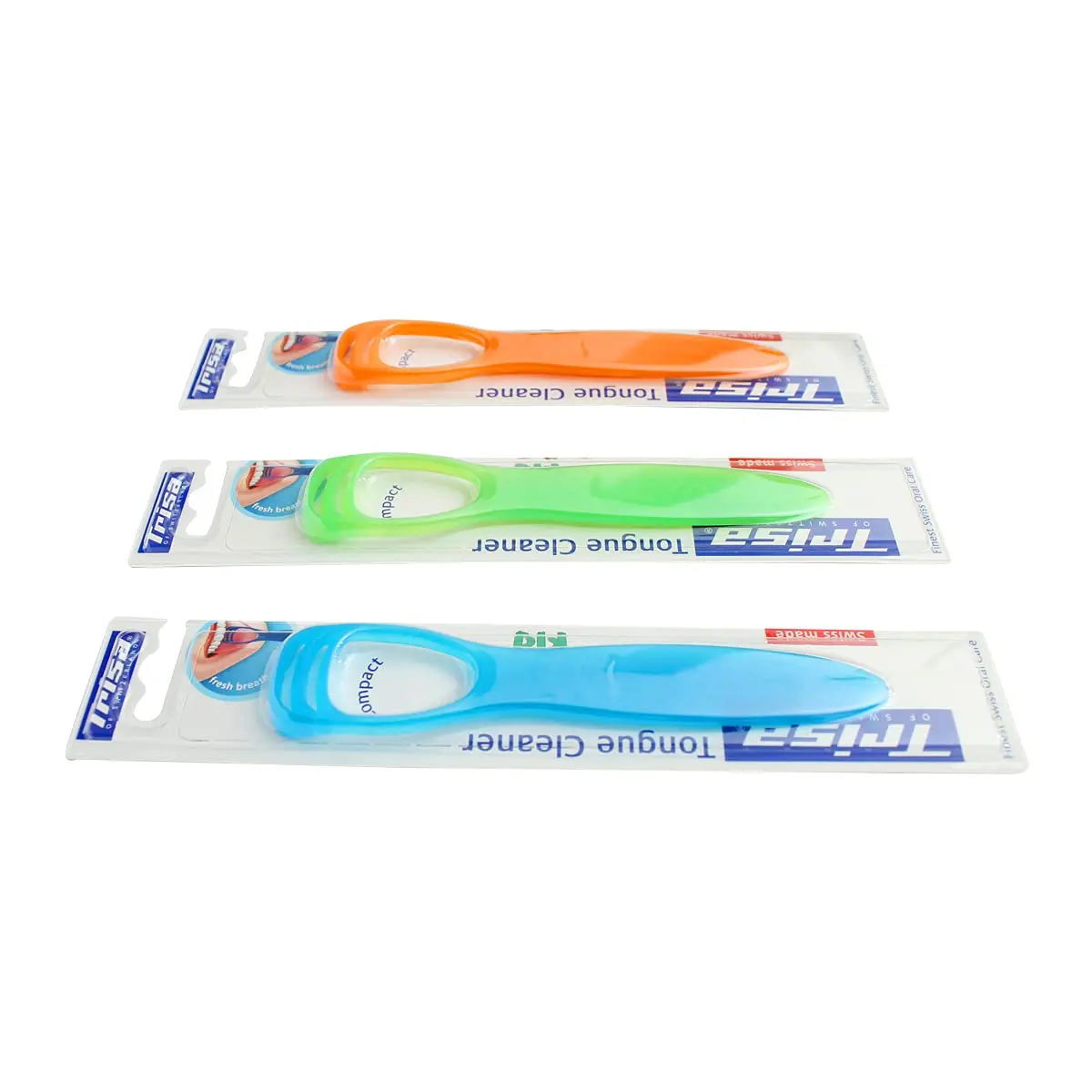 A colorful Trisa kids tongue cleaner designed for comfortably and effectively removing bacteria and residue for long-lasting fresh breath.