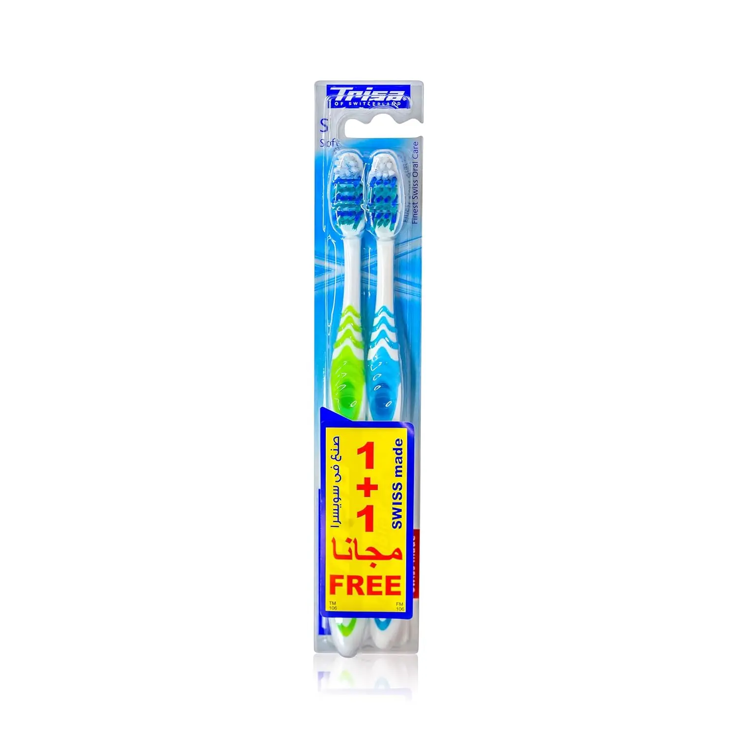 This image shows a Trisa Pearl White soft toothbrush, designed with whitening filaments and blue micro cleaning pearls to help remove discoloration for a whiter, brighter smile.