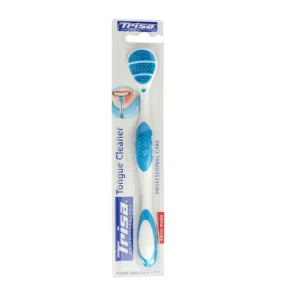 Trisa Professional Care tongue cleaner with soft rubber nubs and a slim head for gentle and effective cleaning of bacterial plaque, developed with Swiss dentists.