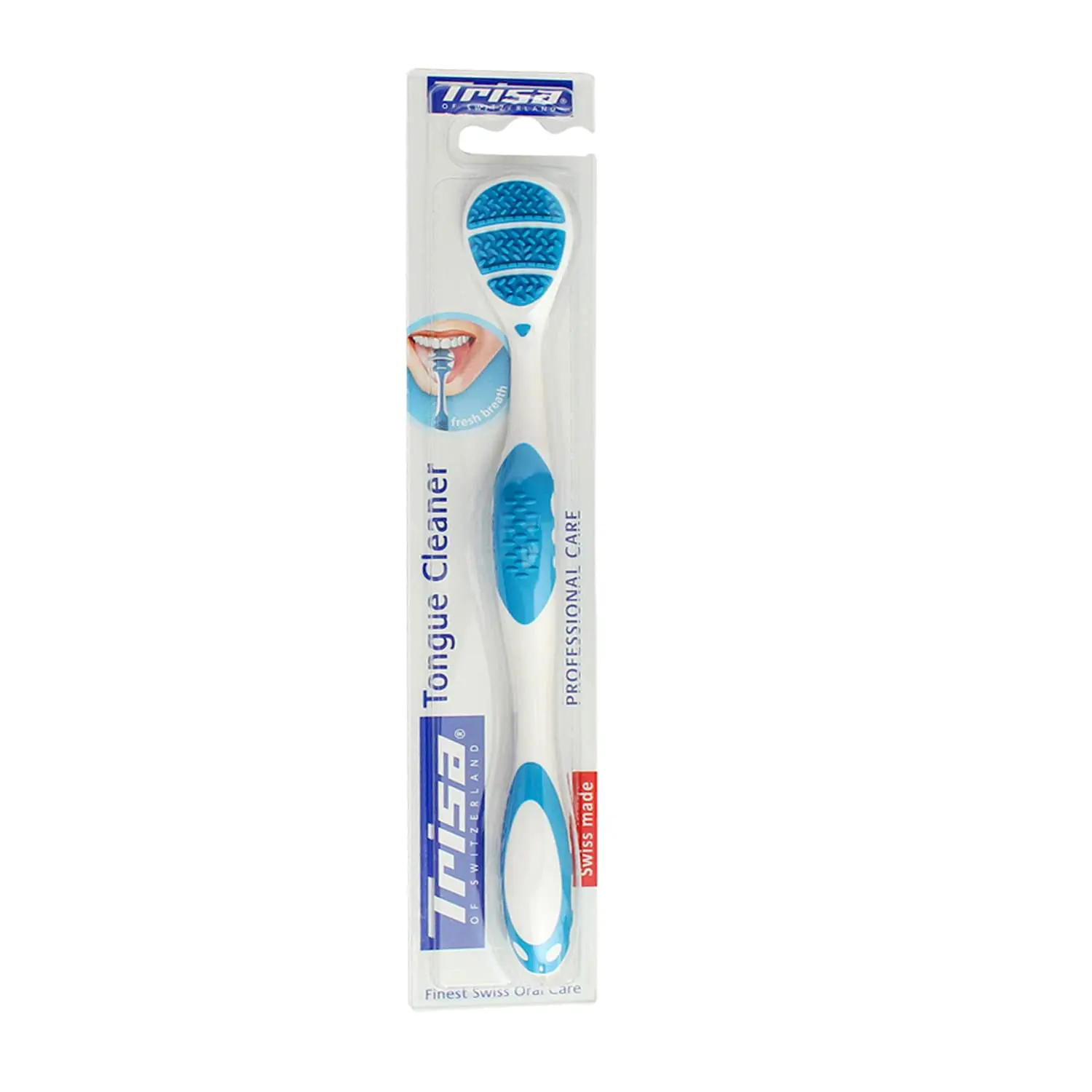 Trisa Professional Care tongue cleaner with soft rubber nubs and a slim head for gentle and effective cleaning of bacterial plaque, developed with Swiss dentists.