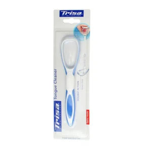 The Trisa tongue cleaner features soft rubber nubs and edges to gently and effectively remove bacterial plaque, build-up, and stubborn debris from the tongue surface for improved oral hygiene.
