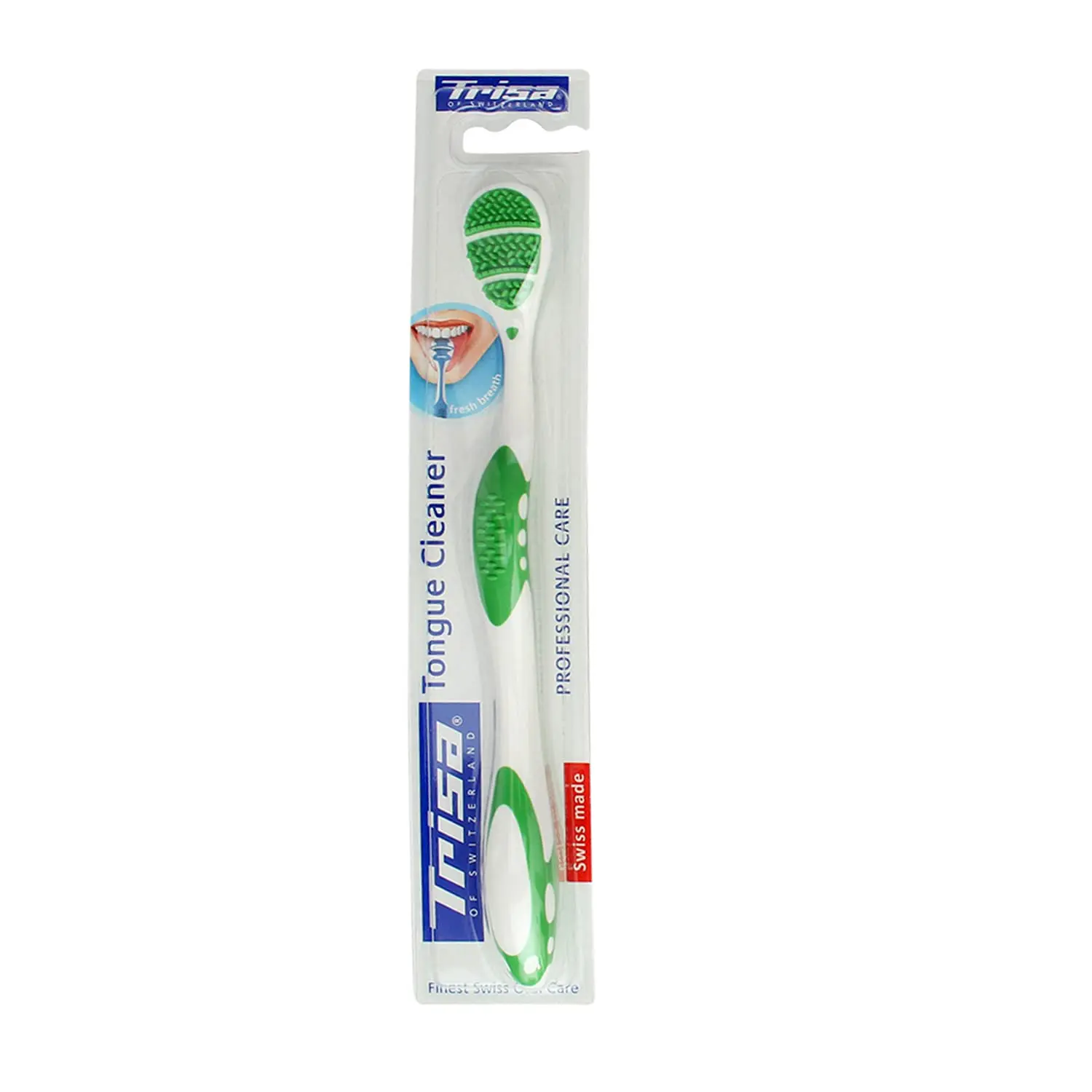 Trisa Professional Care tongue cleaner with soft rubber nubs and a slim head for gentle and effective cleaning of bacterial plaque, developed with Swiss dentists.