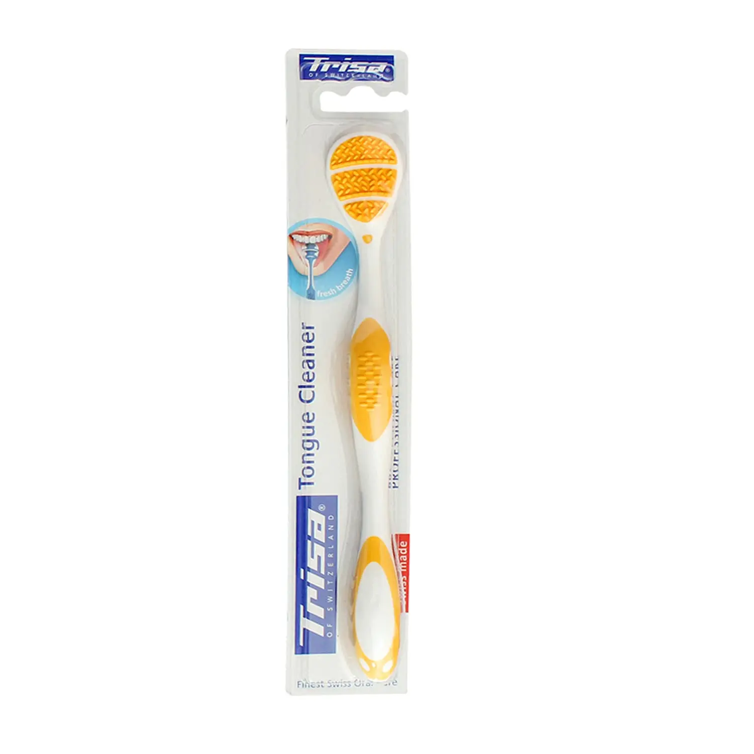 Trisa Professional Care tongue cleaner with soft rubber nubs and a slim head for gentle and effective cleaning of bacterial plaque, developed with Swiss dentists.
