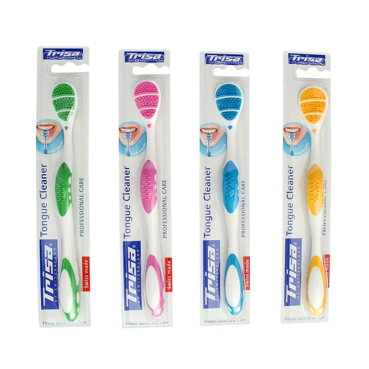 Trisa Professional Care tongue cleaner with soft rubber nubs and a slim head for gentle and effective cleaning of bacterial plaque, developed with Swiss dentists.