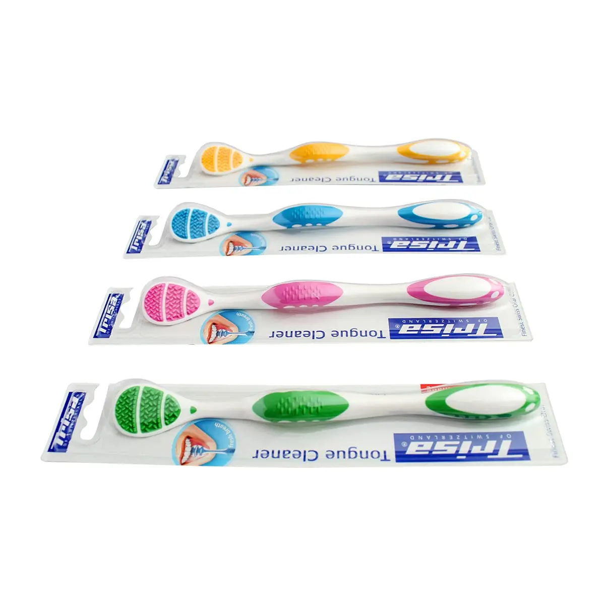 Trisa Professional Care tongue cleaner with soft rubber nubs and a slim head for gentle and effective cleaning of bacterial plaque, developed with Swiss dentists.