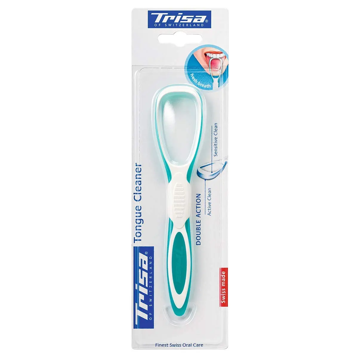 A blue Trisa Professional Tongue Cleaner with double action for effective tongue cleaning and fresh breath, made by Kori.