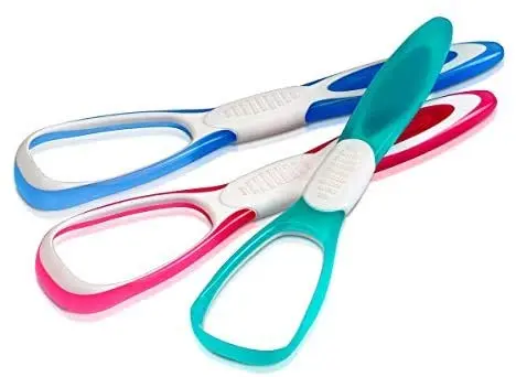 A blue Trisa Professional Tongue Cleaner with double action for effective tongue cleaning and fresh breath, made by Kori.