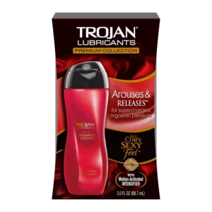 A 3 oz bottle of TROJAN Arouses & Releases personal lubricant designed for intimate massage and enhanced pleasure with warming, cooling, and tingling sensations.