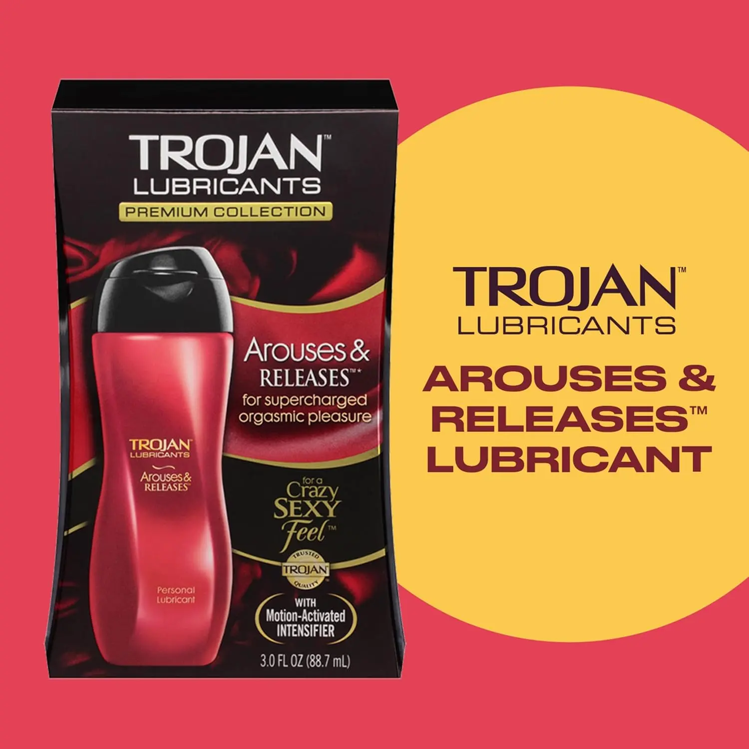 A 3 oz bottle of TROJAN Arouses & Releases personal lubricant designed for intimate massage and enhanced pleasure with warming, cooling, and tingling sensations.