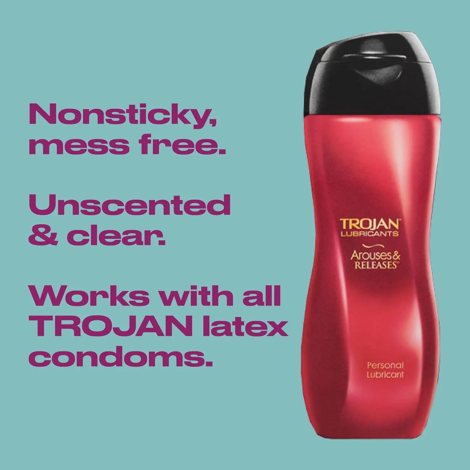 A 3 oz bottle of TROJAN Arouses & Releases personal lubricant designed for intimate massage and enhanced pleasure with warming, cooling, and tingling sensations.