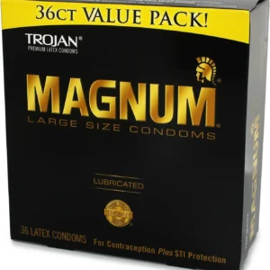 This image shows a box of Trojan Magnum Lubricated condoms, larger than standard with silky-smooth lubricant for comfort and sensitivity, made from premium quality latex.
