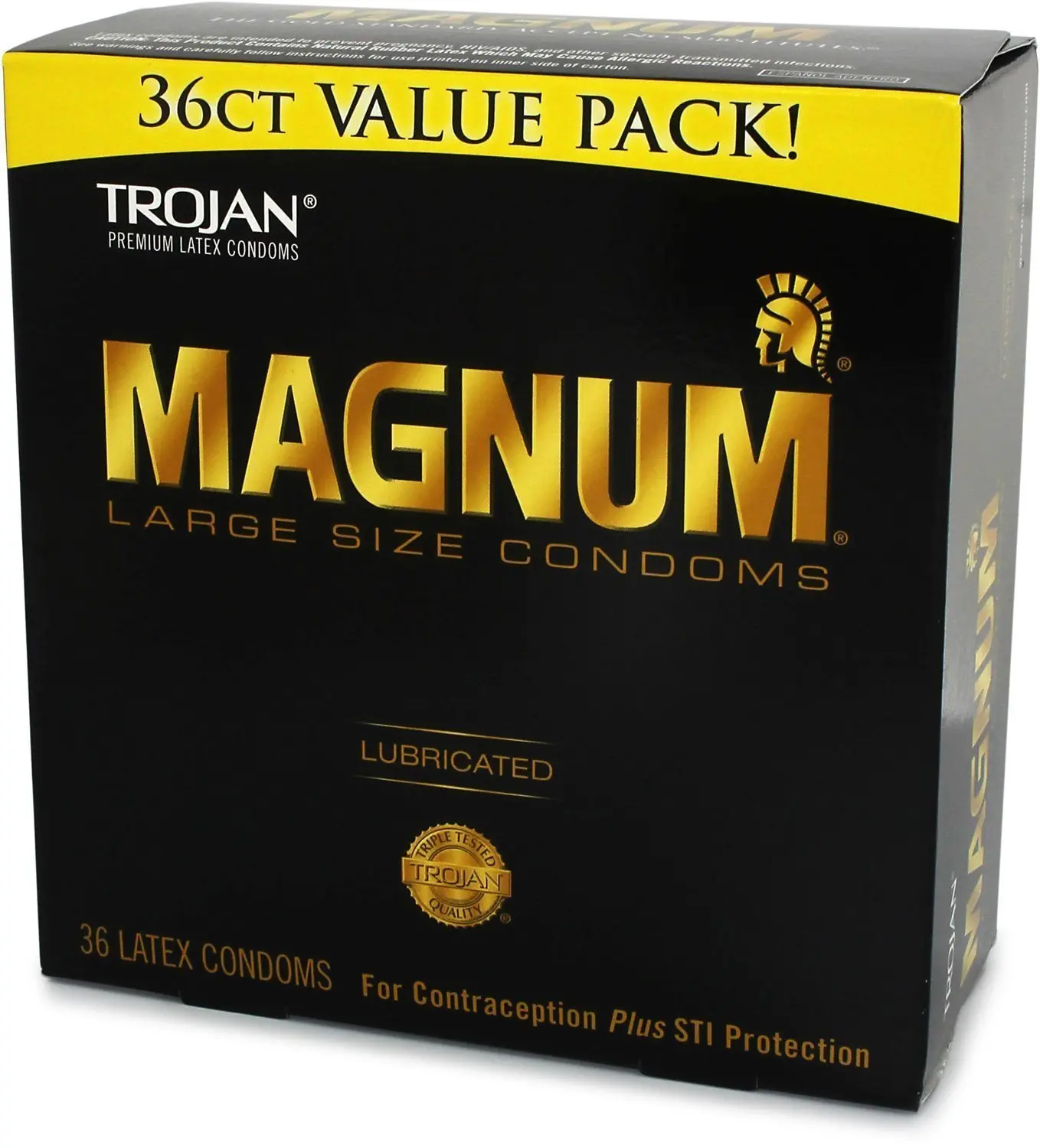 This image shows a box of Trojan Magnum Lubricated condoms, larger than standard with silky-smooth lubricant for comfort and sensitivity, made from premium quality latex.