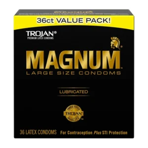 A box of 36 Trojan Magnum Large Size lubricated latex condoms, designed for extra comfort and safety with a special reservoir tip.