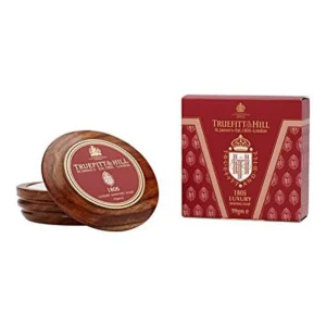 Truefitt & Hill 1805 shaving soap in a hand-turned Acacia wood bowl, offering a rich lather and fresh oceanic scent with bergamot, lavender, and sandalwood notes.