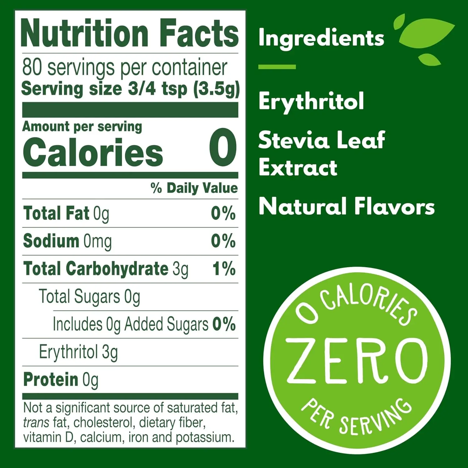 A 9.8 ounce container of Truvia natural sweetener, made from the stevia leaf, offering a zero-calorie alternative to sugar for sweetening food and drinks.