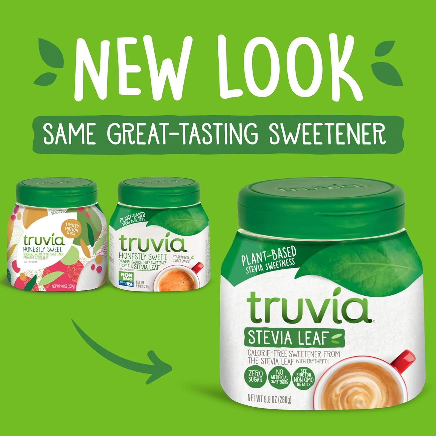 A 9.8 ounce container of Truvia natural sweetener, made from the stevia leaf, offering a zero-calorie alternative to sugar for sweetening food and drinks.