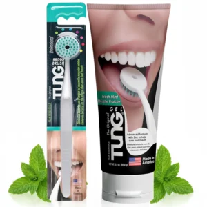 This Tung Brush and Gel tongue cleaner pack is made in America and helps you easily reach the back of your tongue for effective cleaning without gagging.