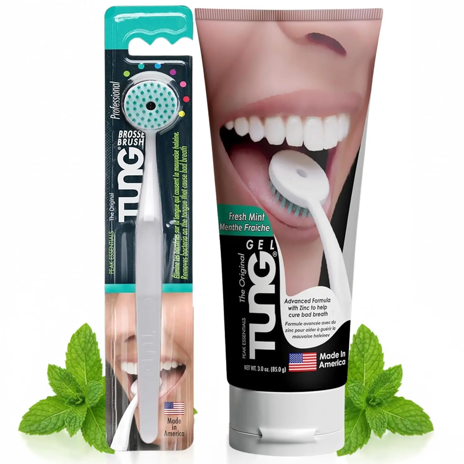 This Tung Brush and Gel tongue cleaner pack is made in America and helps you easily reach the back of your tongue for effective cleaning without gagging.