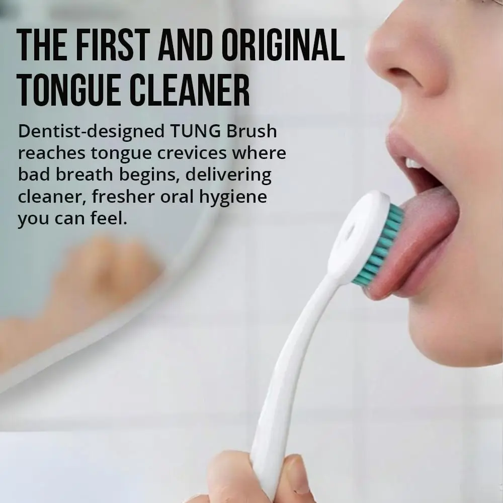The TUNG Brush tongue cleaner features short bristles to comfortably loosen and remove odor-causing bacteria for a fresher, cleaner mouth.